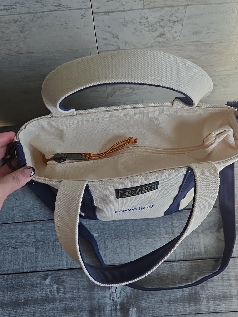 L.L. Bean Boat And Tote Canvas Crossbody Bag Navy Handles Accents - Picture 3 of 12